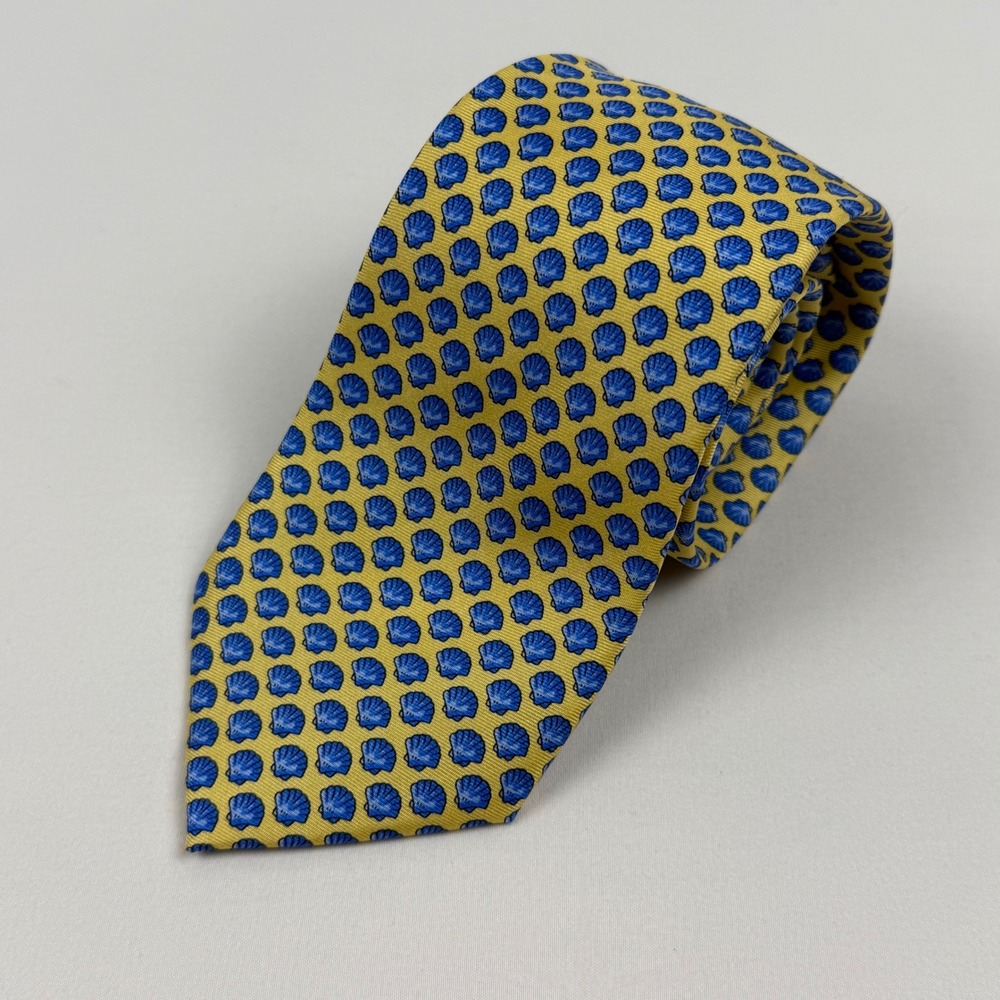 J.Crew Mens Silk Tie Yellow Blue Seashell‎ Nautical Pattern Necktie CA56445